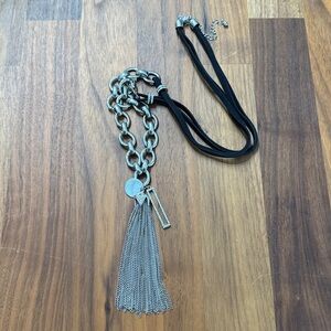 Long Boho Tassel Pendant Necklace Silver Tone Rhinestone Bar Black Cord Moto